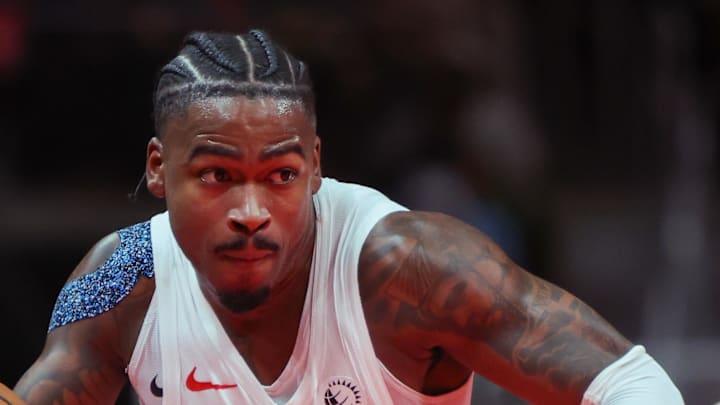 Nov 7, 2025; Atlanta, Georgia, USA; Toronto Raptors guard Jamal Shead (23) drives to the basket against the Atlanta Hawks in the fourth quarter at State Farm Arena. Mandatory Credit: Brett Davis-Imagn Images