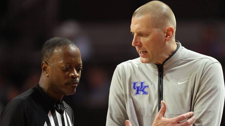 Kentucky head coach Mark Pope argues a call during the first half of a NCAA mens basketball game at Steven C. O'Connell Center Exactek arena in Gainesville, FL on Saturday, February 14, 2026. [Alan Youngblood/Gainesville Sun]