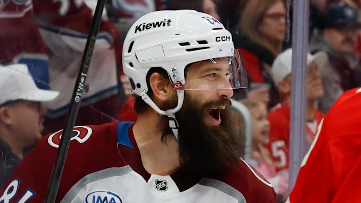 Jan 31, 2026; Detroit, Michigan, USA;  Colorado Avalanche defenseman Brent Burns (84) celebrates after scoring in the first period against the Detroit Red Wings at Little Caesars Arena. Mandatory Credit: Rick Osentoski-Imagn Images