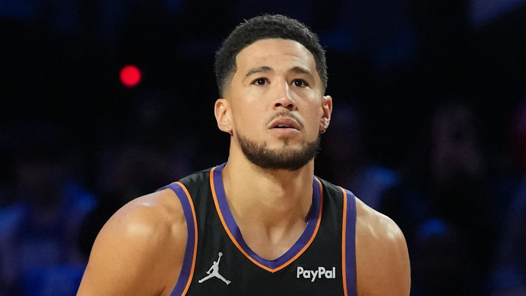 Phoenix Suns guard Devin Booker (1) competes in the three point contest during the 2026 NBA All Star Saturday Night at Intuit Dome on Feb 14, 2026. Phoenix Suns guard Devin Booker (1) competes in the three point contest during the 2026 NBA All Star Saturday Night at Intuit Dome on Feb 14, 2026.