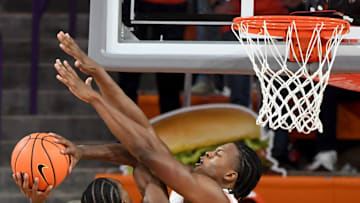 Clemson Tigers forward RJ Godfrey (0) defends the shot of Morehead State Eagles guard George Marshall (3) Tuesday, Nov. 11, 2025, during the NCAA men’s basketball game at Littlejohn Coliseum in Clemson, South Carolina. Clemson Tigers won 83-56.