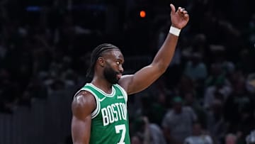 Oct 22, 2024; Boston, Massachusetts, USA; Boston Celtics guard Jaylen Brown (7) reacts after his three point basket against the New York Knicks in the second half at TD Garden. Mandatory Credit: David Butler II-Imagn Images