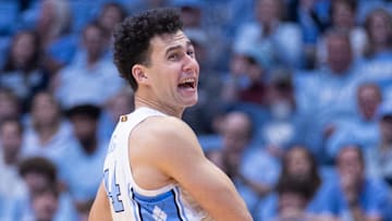 Nov 11, 2025; Chapel Hill, North Carolina, USA; North Carolina Tar Heels guard Luka Bogavac (44) celebrates after three point basket against the Radford Highlanders in the second half at Dean E. Smith Center. Mandatory Credit: Scott Kinser-Imagn Images