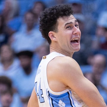 Nov 11, 2025; Chapel Hill, North Carolina, USA; North Carolina Tar Heels guard Luka Bogavac (44) celebrates after three point basket against the Radford Highlanders in the second half at Dean E. Smith Center. Mandatory Credit: Scott Kinser-Imagn Images