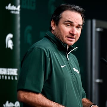 Michigan State coach Jonathan Smith talks the media on the first national signing day for college football recruits Wednesday, Dec. 4, 2024, at Spartan Stadium in East Lansing.