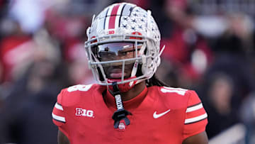Nov 18, 2023; Columbus, Ohio, USA; Ohio State Buckeyes wide receiver Marvin Harrison Jr. (18) warms up prior to the NCAA football game against the Minnesota Golden Gophers at Ohio Stadium.