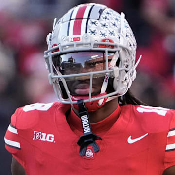 Nov 18, 2023; Columbus, Ohio, USA; Ohio State Buckeyes wide receiver Marvin Harrison Jr. (18) warms up prior to the NCAA football game against the Minnesota Golden Gophers at Ohio Stadium.