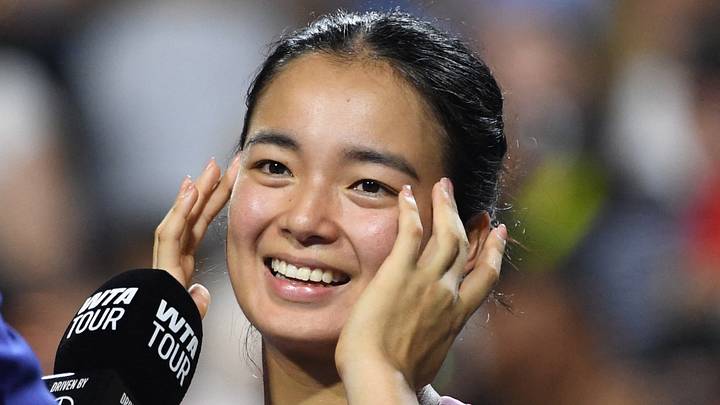 Alexandra Eala reacts during a TV interview