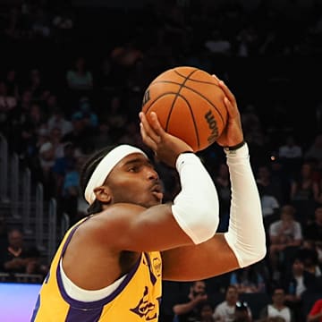 Jul 6, 2024; San Francisco, CA, USA; Los Angeles Lakers forward Blake Hinson (36) shoots the ball against the Sacramento Kings during the third quarter at Chase Center. Mandatory Credit: Kelley L Cox-Imagn Images