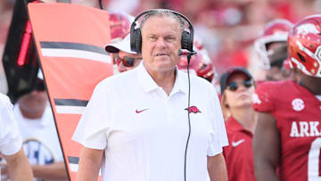 Sep 14, 2024; Fayetteville, Arkansas, USA; Arkansas Razorbacks head coach Sam Pittman during the second quarter against the UAB Blazers at Donald W. Reynolds Razorback Stadium. Mandatory Credit: Nelson Chenault-Imagn Images
