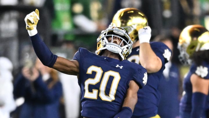 Oct 14, 2023; South Bend, Indiana, USA; Notre Dame Fighting Irish cornerback Benjamin Morrison (20) celebrates after an interception in the second quarter against the USC Trojans at Notre Dame 