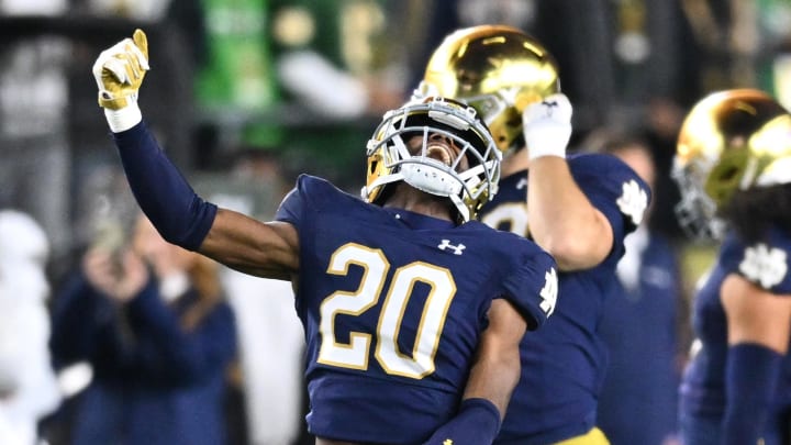 Oct 14, 2023; South Bend, Indiana, USA; Notre Dame Fighting Irish cornerback Benjamin Morrison (20) celebrates after an interception in the second quarter against the USC Trojans at Notre Dame Stadium.