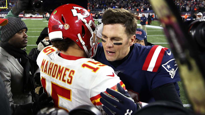 Dec 8, 2019; Foxborough, MA, USA; New England Patriots quarterback Tom Brady (12) congratulates Kansas City Chiefs quarterback Patrick Mahomes (15) after their game at Gillette Stadium. Mandatory Credit: Winslow Townson-Imagn Images