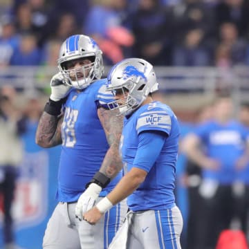 Former Detroit Lions quarterback Matthew Stafford and tackle Taylor Decker 