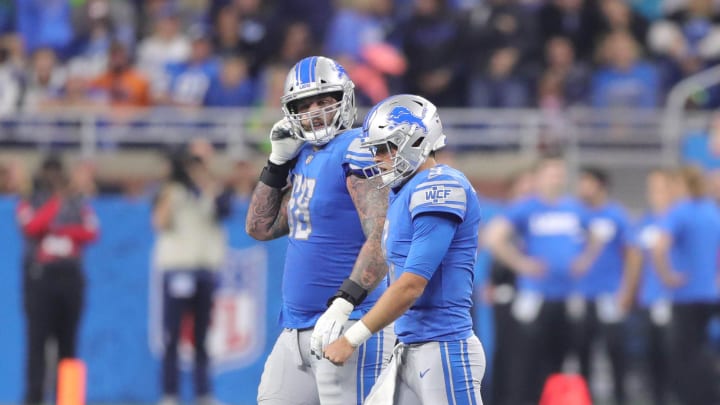 Former Detroit Lions quarterback Matthew Stafford and tackle Taylor Decker 