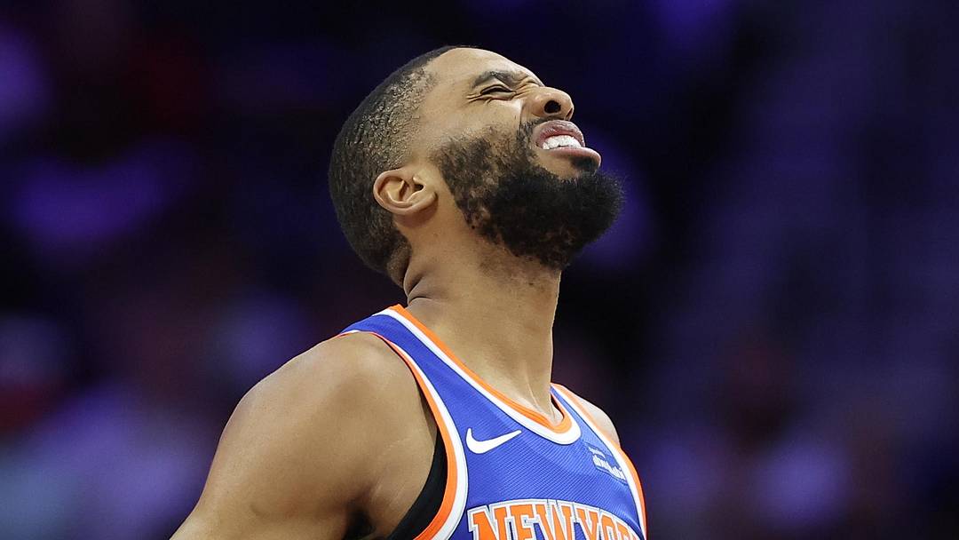 May 8, 2026; Philadelphia, Pennsylvania, USA; New York Knicks guard Mikal Bridges (25) reacts after a turnover against the Philadelphia 76ers during the second quarter of game three of the second round of the 2026 NBA Playoffs at Xfinity Mobile Arena. Mandatory Credit: Bill Streicher-Imagn Images