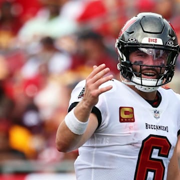 Sep 8, 2024; Tampa, Florida, USA;  Tampa Bay Buccaneers quarterback Baker Mayfield (6) calls a play against the Washington Commanders during the first half at Raymond James Stadium. Mandatory Credit: Kim Klement Neitzel-Imagn Images