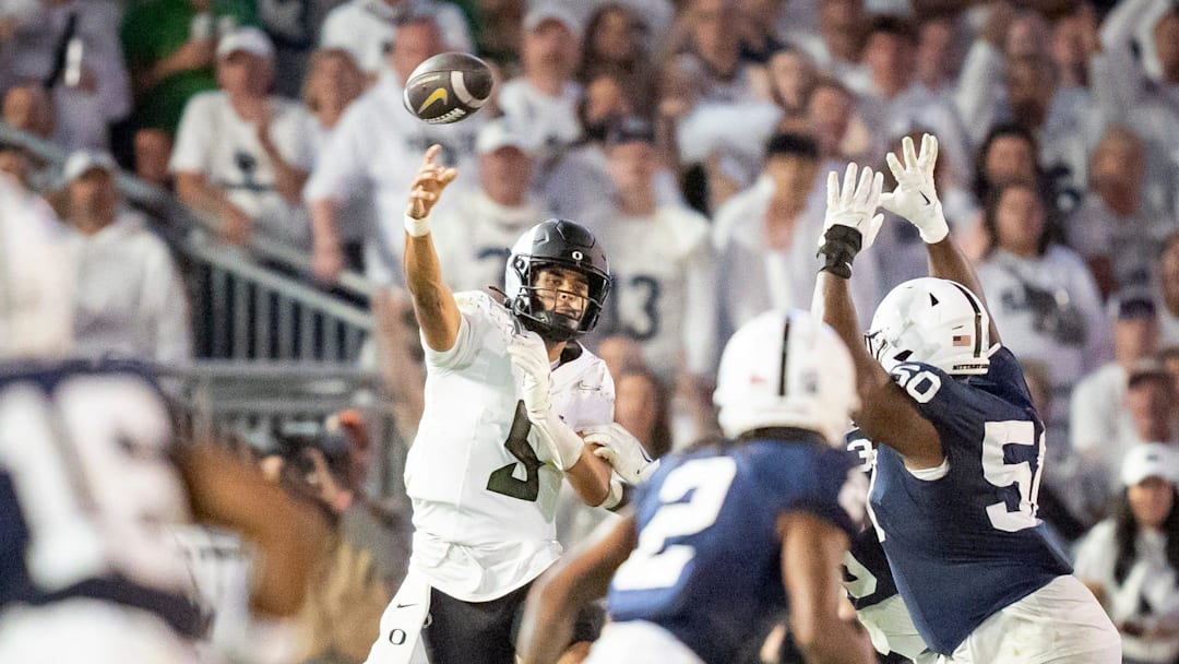 Oregon quarterback Dante Moore throws a pass as the Oregon Ducks face the Penn State Nittany Lions on Sept. 27, 2025, at Beaver Stadium in University Park, Pennsylvania.