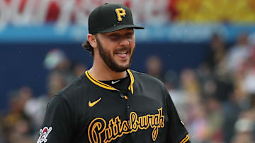 Jun 8, 2025; Pittsburgh, Pennsylvania, USA; Pittsburgh Pirates starting pitcher Paul Skenes (30) reacts on the mound against the Philadelphia Phillies during the eighth inning at PNC Park. Mandatory Credit: Charles LeClaire-Imagn Images