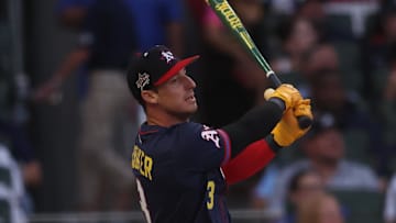 Jul 14, 2025; Atlanta, GA, USA; Athletics designated hitter Brent Rooker (25) during the 2025 Home Run Derby at Truist Park. Mandatory Credit: Brett Davis-Imagn Images