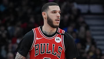 Jan 31, 2025; Toronto, Ontario, CAN: Chicago Bulls guard Lonzo Ball (2) dribbles the ball up court against the Toronto Raptors during the third quarter at Scotiabank Arena. Mandatory Credit: Nick Turchiaro-Imagn Images