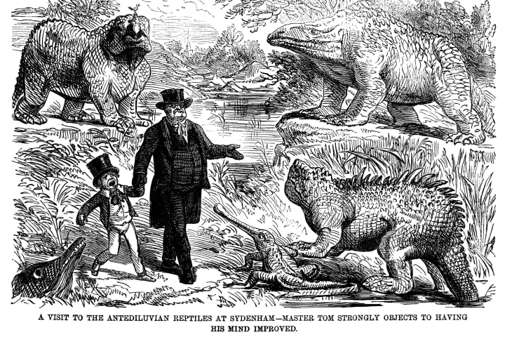 A cartoon of a Victorian boy terrified by Benjamin Waterhouse Hawkins's dinosaurs