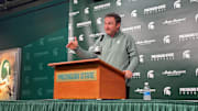 Michigan State head coach Jonathan Smith talks to the media on Oct. 20, 2025 about the Spartans' upcoming rivalry game against the Michigan Wolverines.