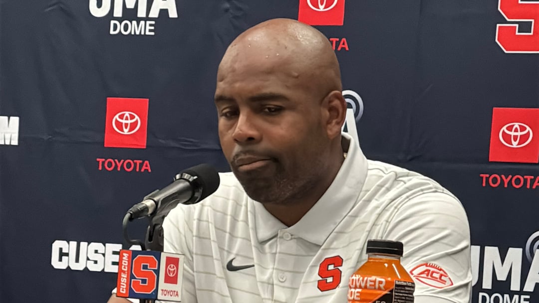 Sep 6, 2025; Syracuse, New York, USA; Syracuse Orange head coach Fran Brown speaks with the media following SU’s 27-20 win over the UConn Huskies at JMA Wireless Dome. 