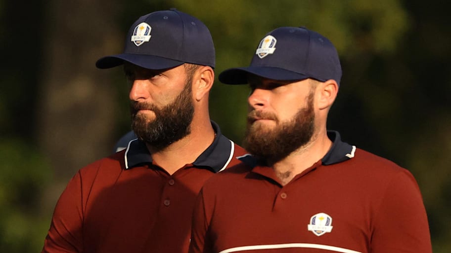 Team Europe's Jon Rahm and Tyrrell Hatton during the foursomes on the second day of competition at the 2025 Ryder Cup.