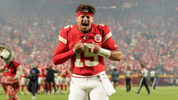 Oct 7, 2024; Kansas City, Missouri, USA; Kansas City Chiefs quarterback Patrick Mahomes (15) celebrates toward fans prior to a game against the New Orleans Saints at GEHA Field at Arrowhead Stadium. Mandatory Credit: Denny Medley-Imagn Images