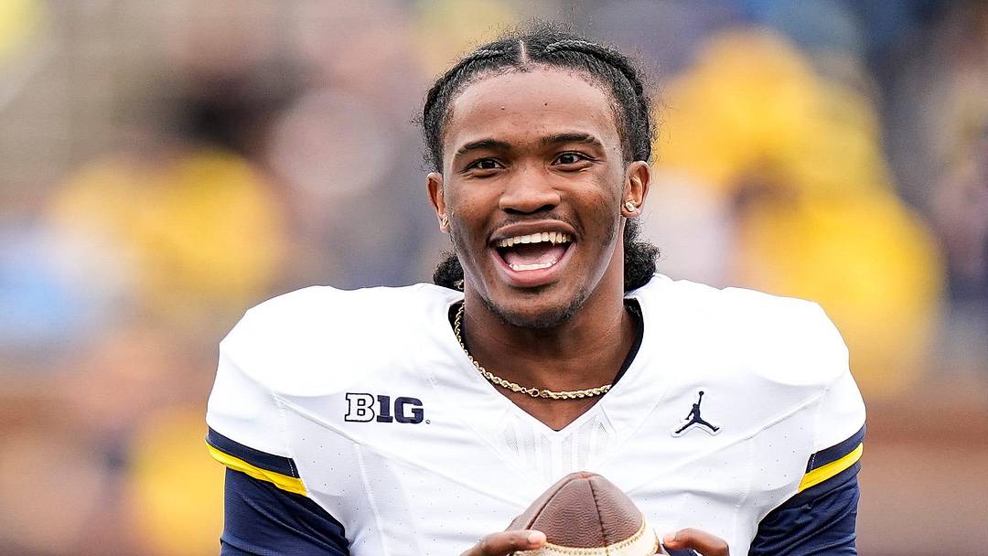 Michigan quarterback Bryce Underwood (19) shares a laughter with running back Jordan Marshall (23), left, during the spring game at Michigan Stadium in Ann Arbor on Saturday, April 18, 2026. Michigan quarterback Bryce Underwood (19) shares a laughter with running back Jordan Marshall (23), left, during the spring game at Michigan Stadium in Ann Arbor on Saturday, April 18, 2026.