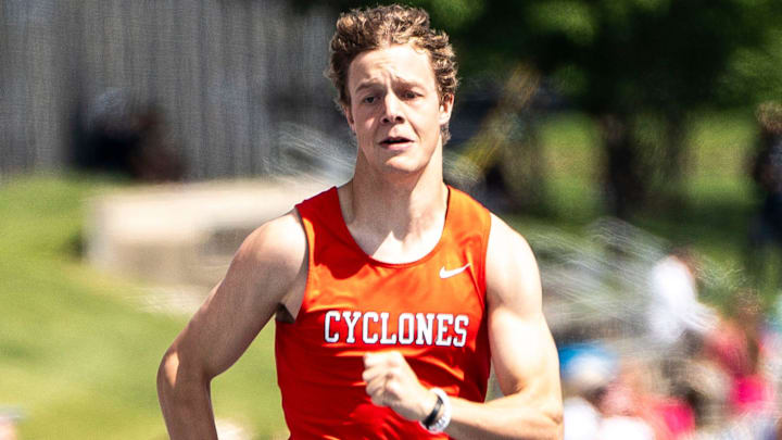 Harlan's Cade Sears, right, and Nevada's Connor Kunze run the 3A 100 meter dash during the Iowa high school state track and field meet at Drake Stadium on Thursday, May 16, 2024, in Des Moines.