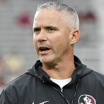Oct 5, 2024; Tallahassee, Florida, USA; Florida State Seminoles head coach Mike Norvell reacts before the game against the Clemson Tigers at Doak S. Campbell Stadium. Mandatory Credit: Melina Myers-Imagn Images