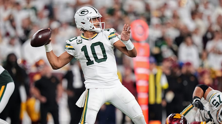 Green Bay Packers quarterback Jordan Love throws a pass during a game against the Washington Commanders.