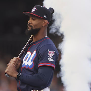 Jul 14, 2025; Atlanta, GA, USA; American League outfielder Byron Buxton (25) of the Minnesota Twins is introduced prior to the 2025 Home Run Derby at Truist Park. Mandatory Credit: Brett Davis-Imagn Images