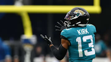 Jacksonville Jaguars wide receiver Christian Kirk (13) pulls in a pass for a first down during third quarter action. The Jacksonville Jaguars hosted the San Francisco 49ers at EverBank Stadium in Jacksonville, FL Sunday, November 12, 2023.