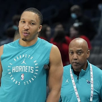 Jan 29, 2025; Charlotte, North Carolina, USA; Charlotte Hornets forward Grant Williams (2), who is recovering from his ACL repair, is seen during pre game warm ups against the Brooklyn Nets at Spectrum Center. Mandatory Credit: Jim Dedmon-Imagn Images