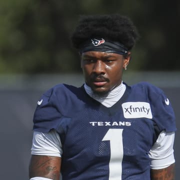 Jul 29, 2024; Houston, TX, USA; Houston Texans wide receiver Stefon Diggs (1) during training camp at Houston Methodist Training Center. Mandatory Credit: Troy Taormina-USA TODAY Sports