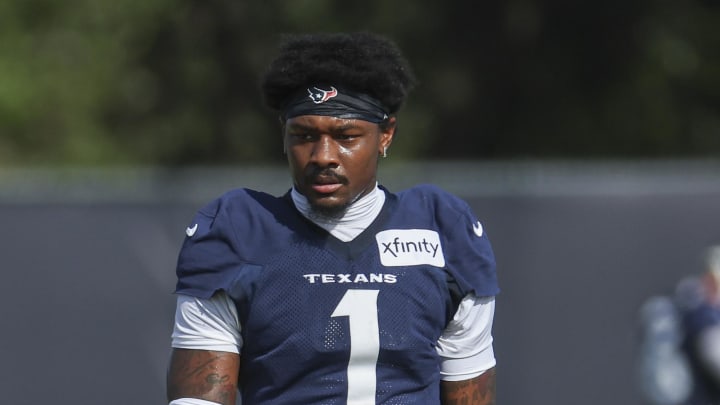 Jul 29, 2024; Houston, TX, USA; Houston Texans wide receiver Stefon Diggs (1) during training camp at Houston Methodist Training Center. Mandatory Credit: Troy Taormina-USA TODAY Sports