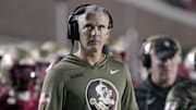 Nov 15, 2025; Tallahassee, Florida, USA; Florida State Seminoles head coach Mike Norvell during the second half against the Virginia Tech Hokies at Doak S. Campbell Stadium. Mandatory Credit: Melina Myers-Imagn Images