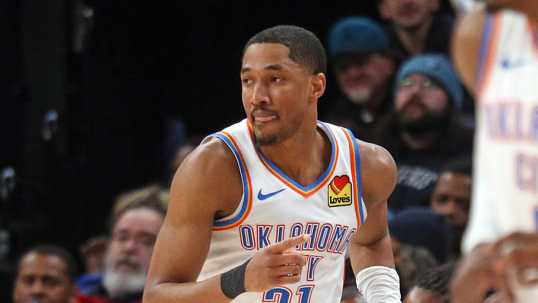 Mar 5, 2025; Memphis, Tennessee, USA; Oklahoma City Thunder guard Aaron Wiggins (21) reacts during the fourth quarter against the Memphis Grizzlies at FedExForum. Mandatory Credit: Petre Thomas-Imagn Images