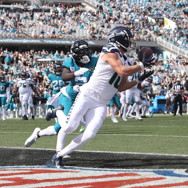 Seattle Seahawks wide receiver Cooper Kupp scores a touchdown against Jacksonville Jaguars cornerback Jourdan Lewis. Seattle Seahawks wide receiver Cooper Kupp scores a touchdown against Jacksonville Jaguars cornerback Jourdan Lewis.