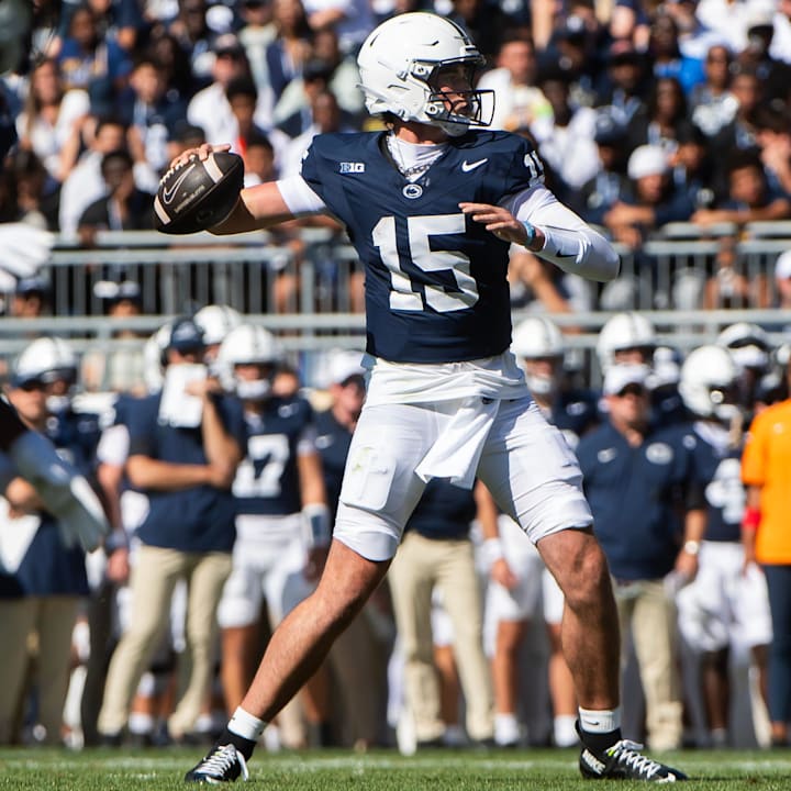 Penn State quarterback Drew Allar passes in the first half against Nevada at Beaver Stadium 