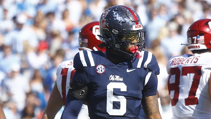 Oct 26, 2024; Oxford, Mississippi, USA; Mississippi Rebels linebacker TJ Dottery (6) looks on during the first half against the Oklahoma Sooners at Vaught-Hemingway Stadium. Mandatory Credit: Petre Thomas-Imagn Images Oct 26, 2024; Oxford, Mississippi, USA; Mississippi Rebels linebacker TJ Dottery (6) looks on during the first half against the Oklahoma Sooners at Vaught-Hemingway Stadium. Mandatory Credit: Petre Thomas-Imagn Images