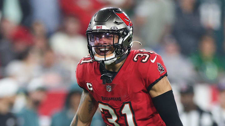 Jan 15, 2024; Tampa, Florida, USA; Tampa Bay Buccaneers safety Antoine Winfield Jr. (31) reacts on the field during the second half of a 2024 NFC wild card game against the Philadelphia Eagles at Raymond James Stadium. Mandatory Credit: Nathan Ray Seebeck-Imagn Images