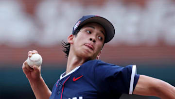 National League pitcher Jonah Tong (16) throws a pitch during the second inning against American League at Truist Park on July 12. 