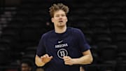 Mar 26, 2025; Newark, NJ, USA; Arizona Wildcats forward Henri Veesaar (13) warms up during a practice session in preparation for an East Regional semifinal game against the Duke Blue Devils at Prudential Center.