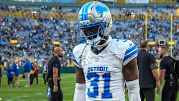 Detroit Lions safety Kerby Joseph walks off the field after the 27-13 loss to the Green Bay Packers at Lambeau Field in Green Bay, Wis., on Sunday, Sept. 7, 2025.