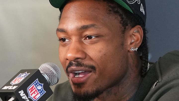 Feb 5, 2026; Santa Clara, CA, USA; New England Patriots wide receiver Stefon Diggs (8) talks to media members at the Santa Clara Marriott. Mandatory Credit: Darren Yamashita-Imagn Images