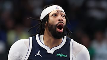 Anthony Davis #3 of the Dallas Mavericks reacts against the Atlanta Hawks.
